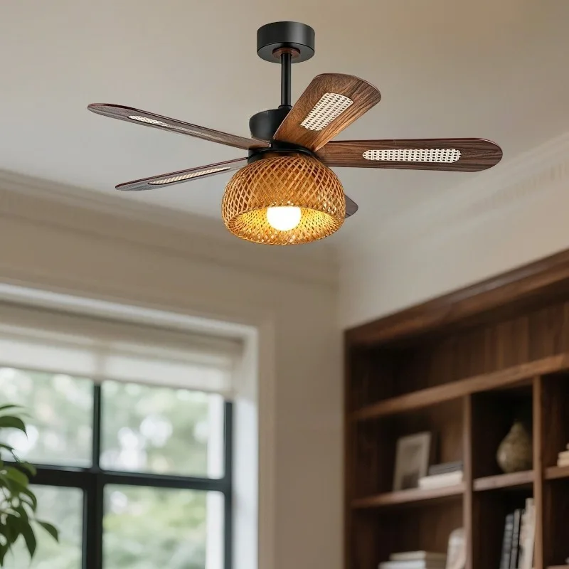 Vintage LED Ceiling Fan Lamps Japanese Style High-end Feeling Living Room Retro Dining Hall Bedroom Wicker Woven Wabi Sabi Style