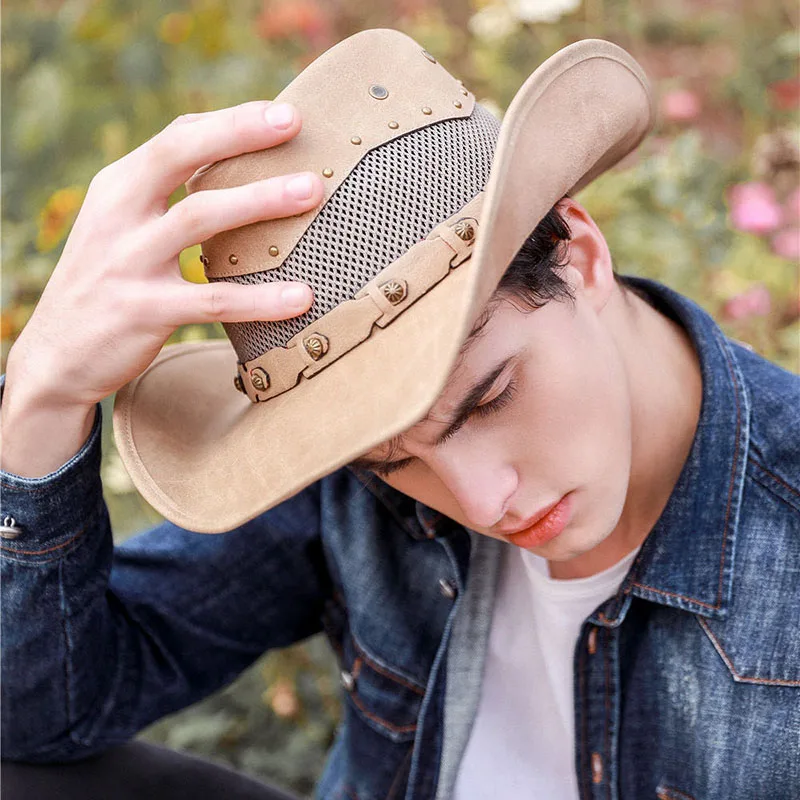 Unisex Women Men Retro Breathable Net Leather Roll Up Wide Brim Sun Sunscreen Cap Beach Cowboy Cowgirl Western Warm Hat 58-60cm