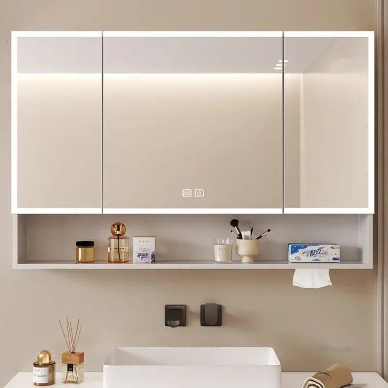 new Space Aluminum Bathroom Mirror Cabinet Bathroom Furniture Wall-mounted Mirror Light Integrated Cabinets with Storage Rack m