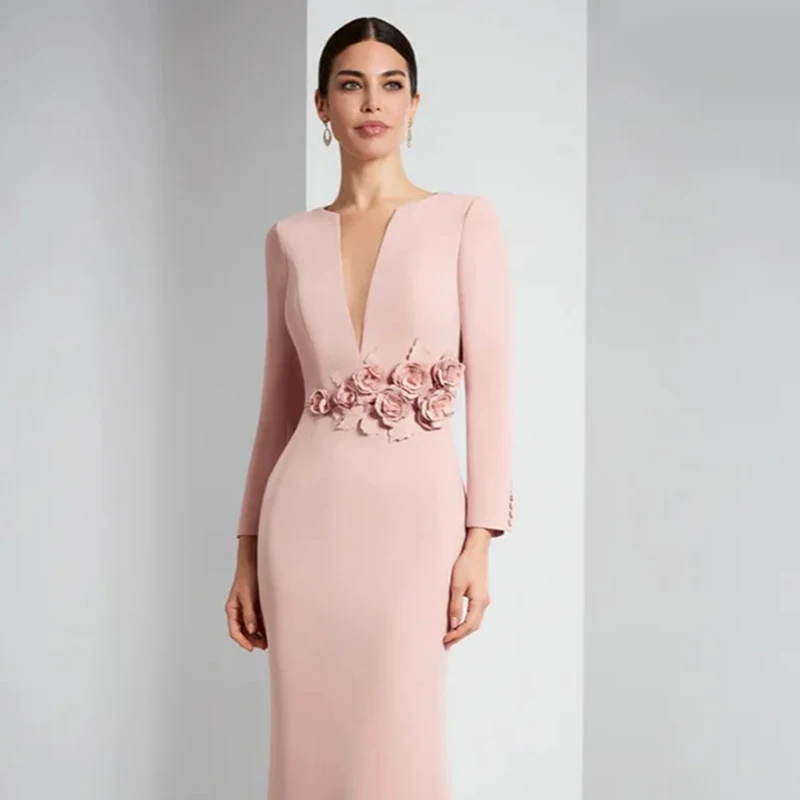 

Women's Blush Pink Evening Gown Deep V-Neckline Sophisticated and Elegant Mother of the Bride Dress Long Sleeves Prom Dress