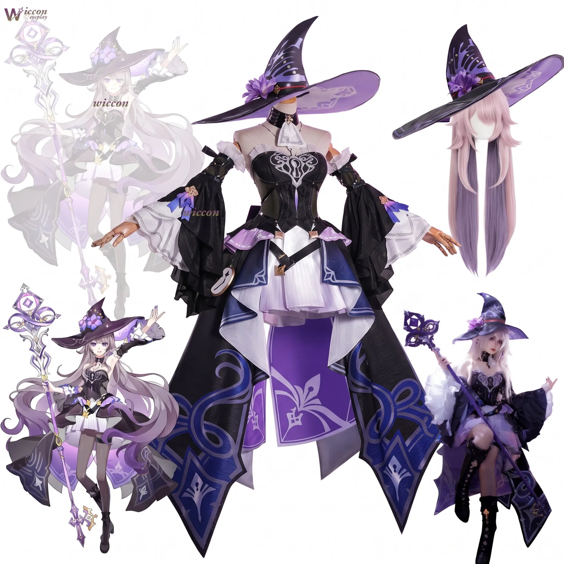 Honkai Star Rail The Herta Genius Society Cosplay Chapeau de Sorcière Noir et Violet Perruque Gris Argenté Jupe à Volants Costume Fête d'Halloween