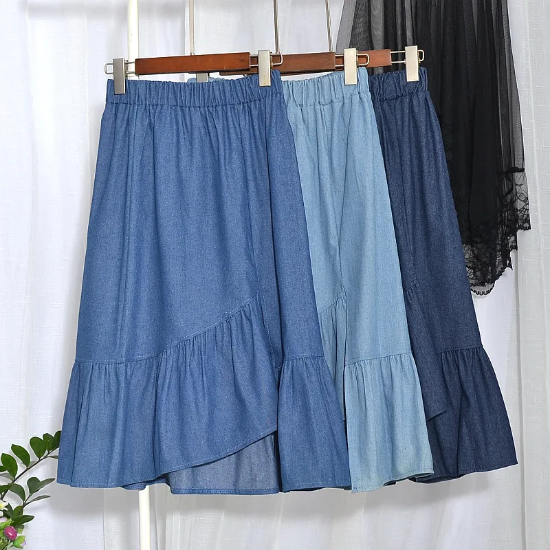 A-line Denim Skirt for Summer Thin High Waisted Midi Skirt 2024 New Edition Irregular Trumpet Ruffle Jeans Skirt