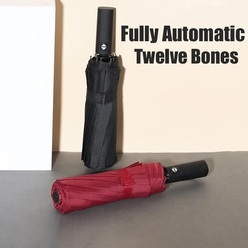Paraguas plegable totalmente automático de 12 huesos para hombre y mujer, sombrilla grande doble para sol soleado o lluvioso, protección UV