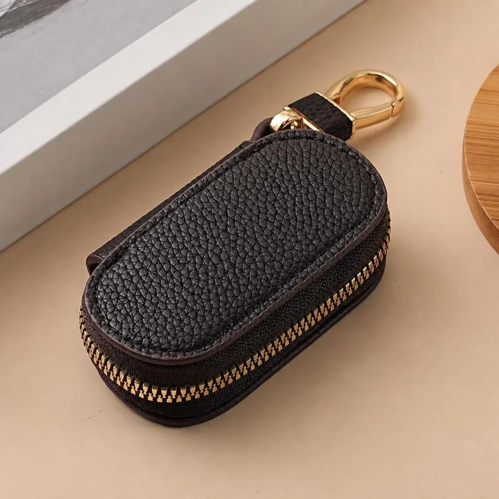 PU Leather Key Wallet Solid Color Zipper Closure Zipper Key Case Compact Size Lychee Pattern Keychain Key Holder Bag
