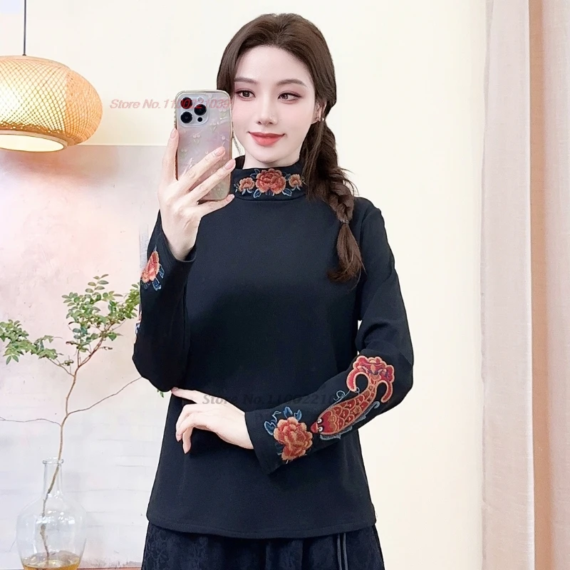 

Китайская традиционная рубашка на флисовой подкладке 2025 года, национальная цветочная вышивка, воротник-стойка, народная рубашка, винтажная базовая рубашка, топы ханьфу