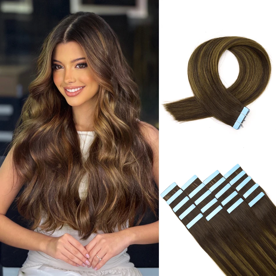 Natural Hair Tape in Extensions 100% Remy Human Hair Extensions Straight Balayage Brown Seamless Glue On Hair For Woman 20pcs