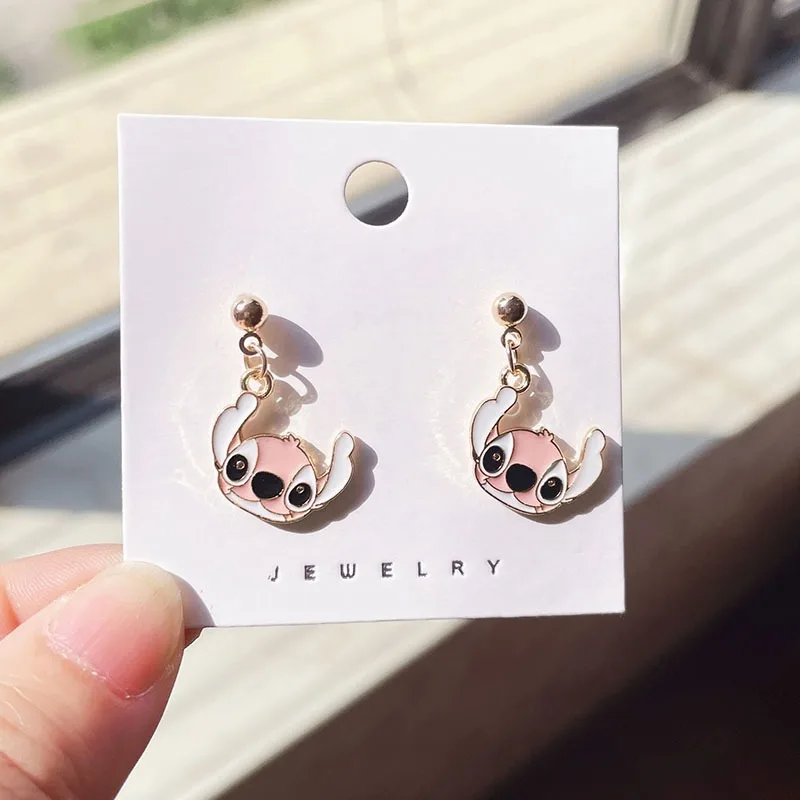 Pendientes de Lilo y Stitch de dibujos animados de Disney para niña, accesorios para estudiantes, joyería de fiesta de plata de una pieza