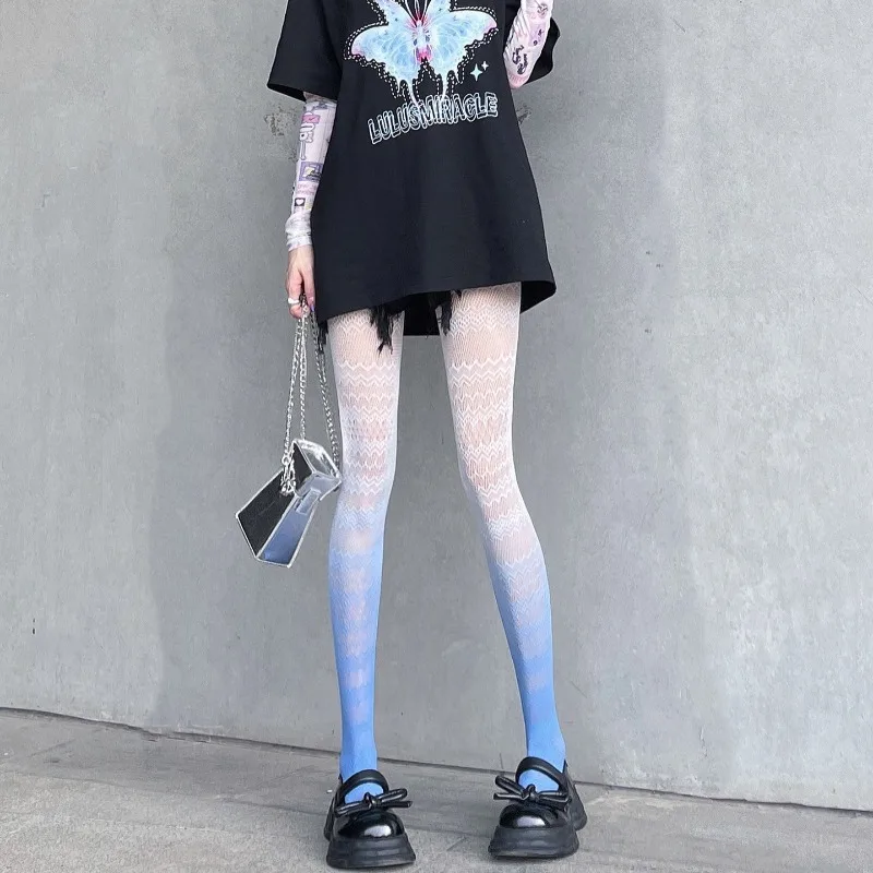 

Gradient Color Tights Fishnet Women's Hollow Lace Pantyhose Japanese Style Girls Lolita Colorful Legging Socks Hosiery Plus Size