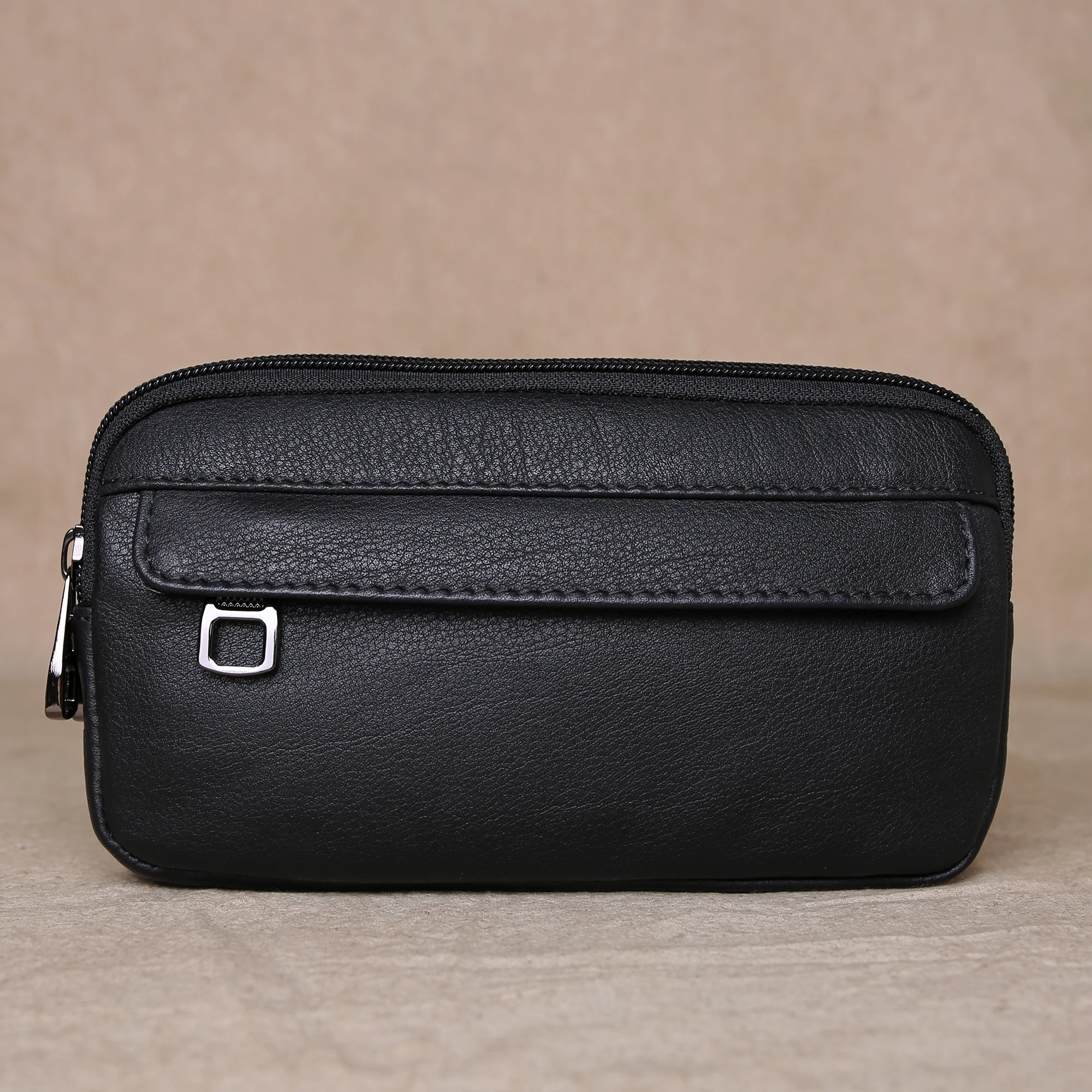 Double-Layered Classic Genuine Leather Mobile Phone Waist Bag, Top Layer Cowhide Clutch, Long Wallet, Large-Capacity Card Case