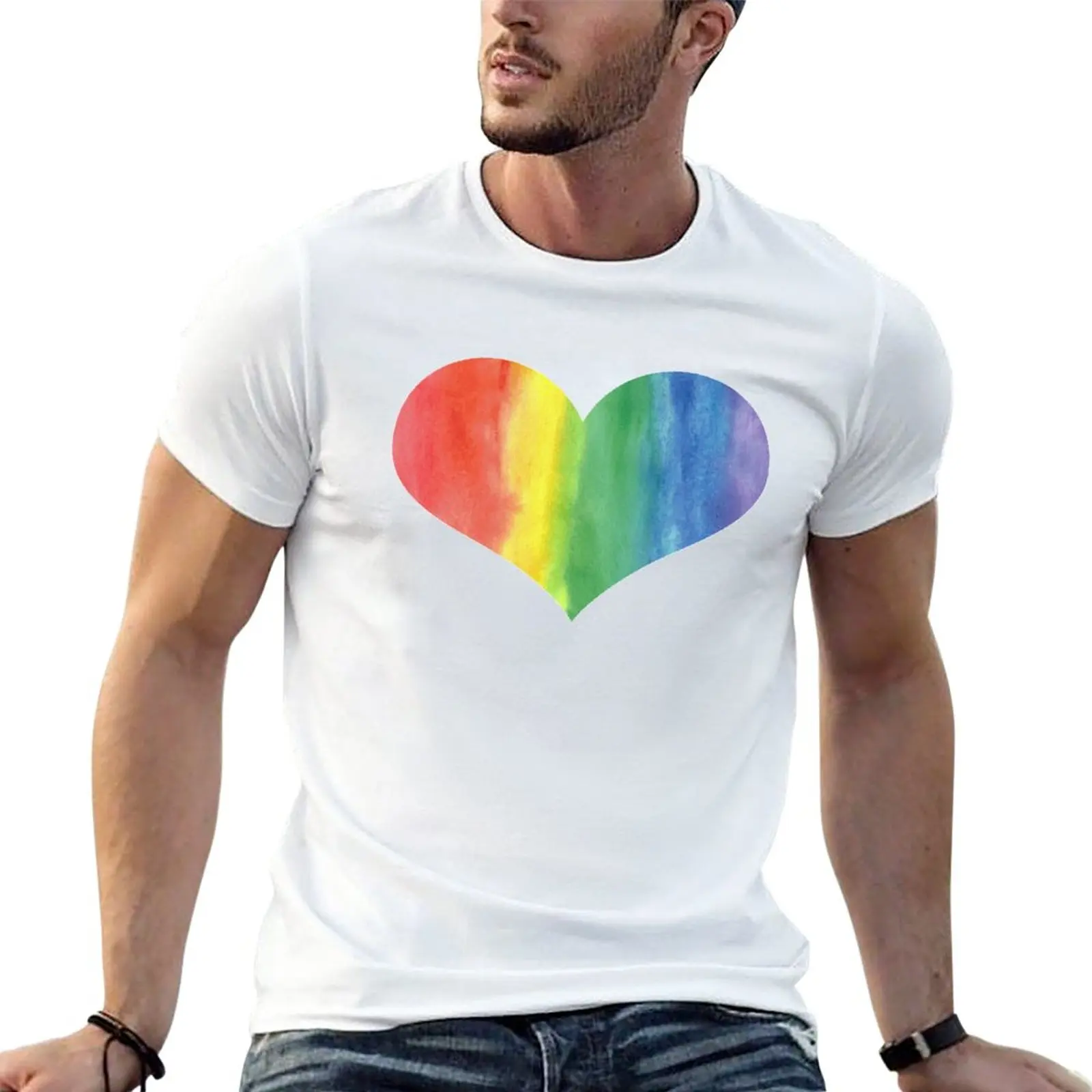 

New Watercolor Rainbow Pride Heart T-Shirt Short sleeve quick-drying t-shirt mens t shirts