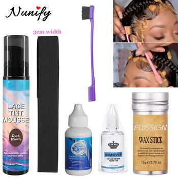 레이스 전면 접착제 가발 설치 키트, 레이스 틴트 무스 가발 밴드 왁스 스틱, 가장자리 제어 접착제 리무버, 양면 헤어 브러시 빗