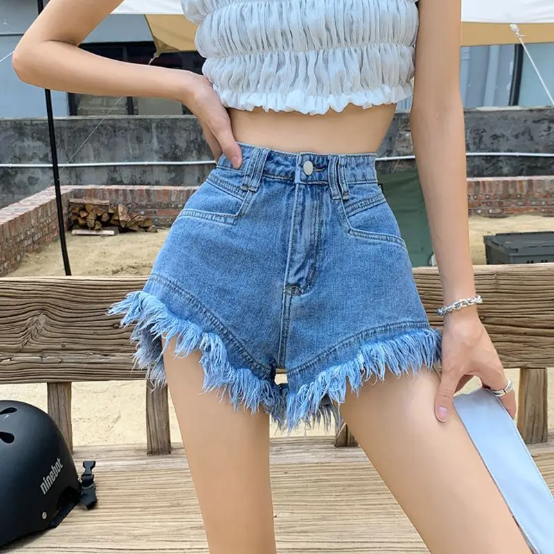 

2023 Summer Women's High-Waisted Denim Shorts Loose Edge Plus Size Slimming Everything With Solid Color Lady Wide-Leg Shorts