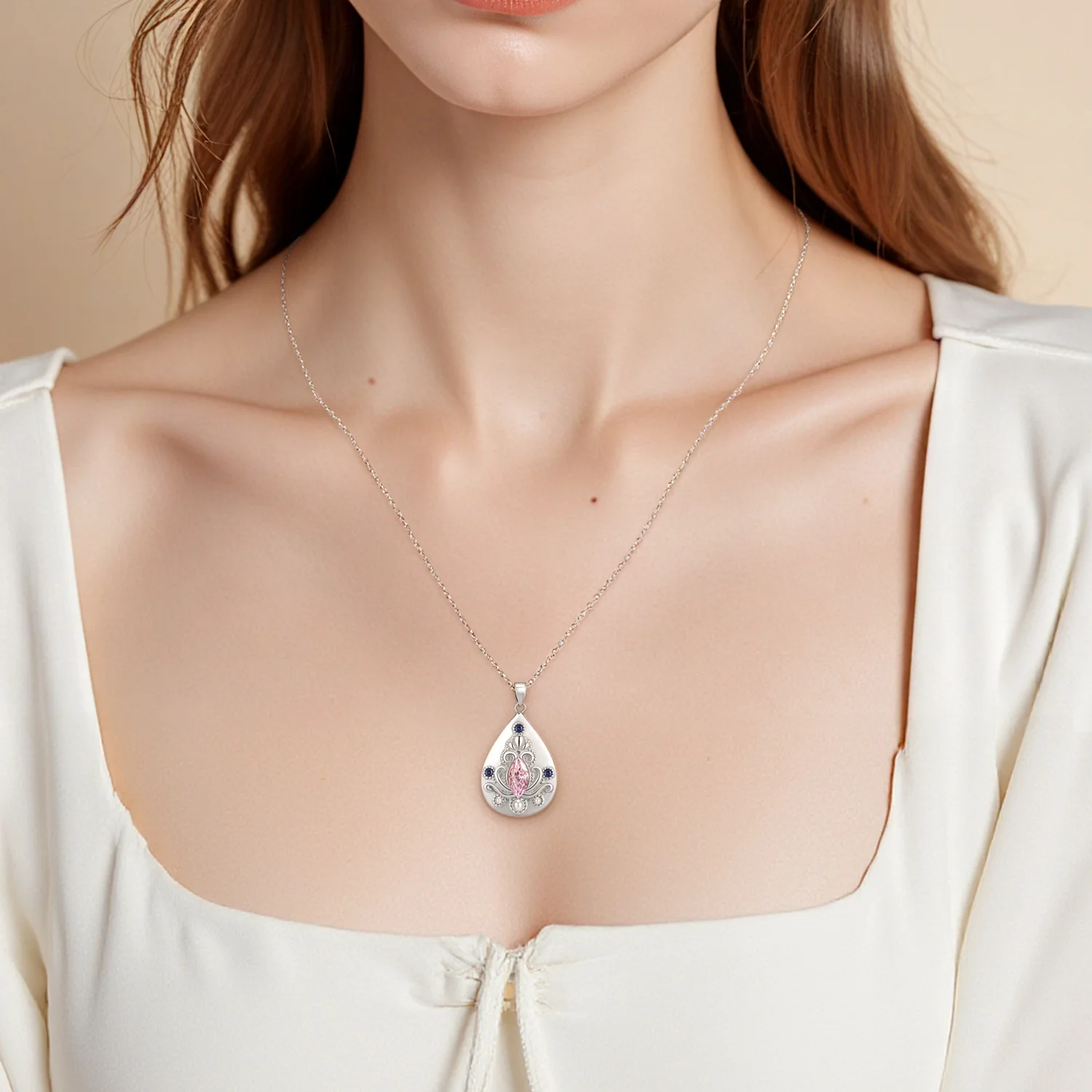 Chinese Style Good Luck Blessing Teardrop Pendant Necklace S925 Sterling Silver Inlaid Pink High Carbon Diamond Pearl Vintage