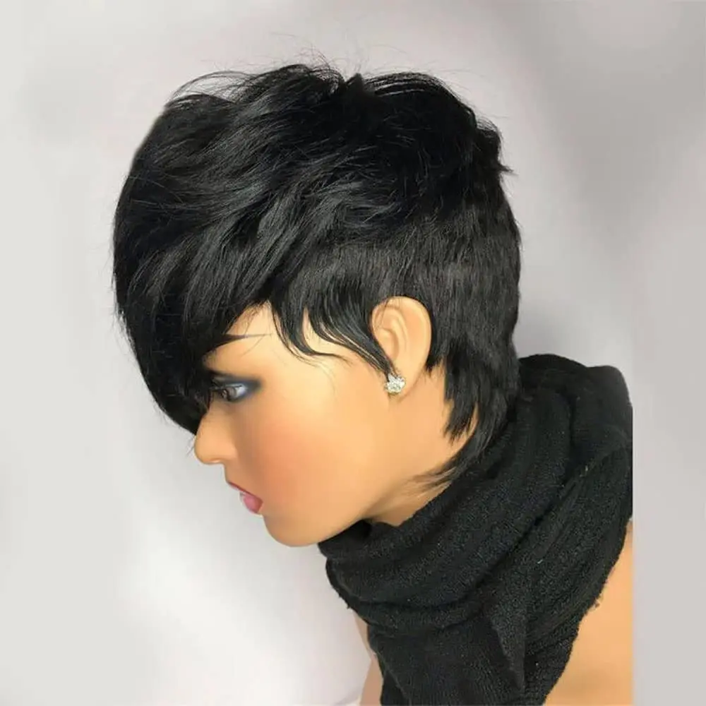 6 Inch Short Pixie Cut  Human Hair Wig For Black Women\'s Machine Made Bob Natural Black Hair Wig with Bangs