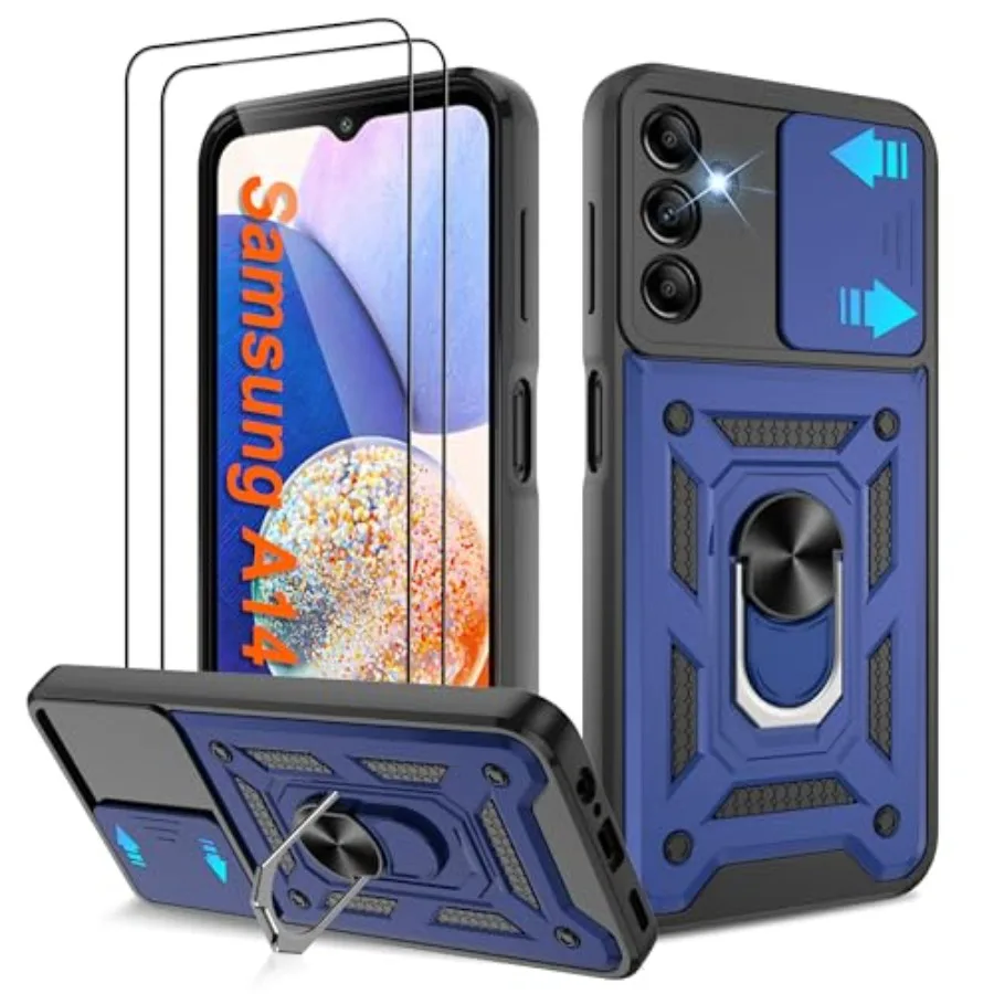 

for Samsung Galaxy A14-5G Phone Case with [2 Pcs] HD Screen Protector, Slide Camera Cover and Magnetic Ring Stand Military-Grad