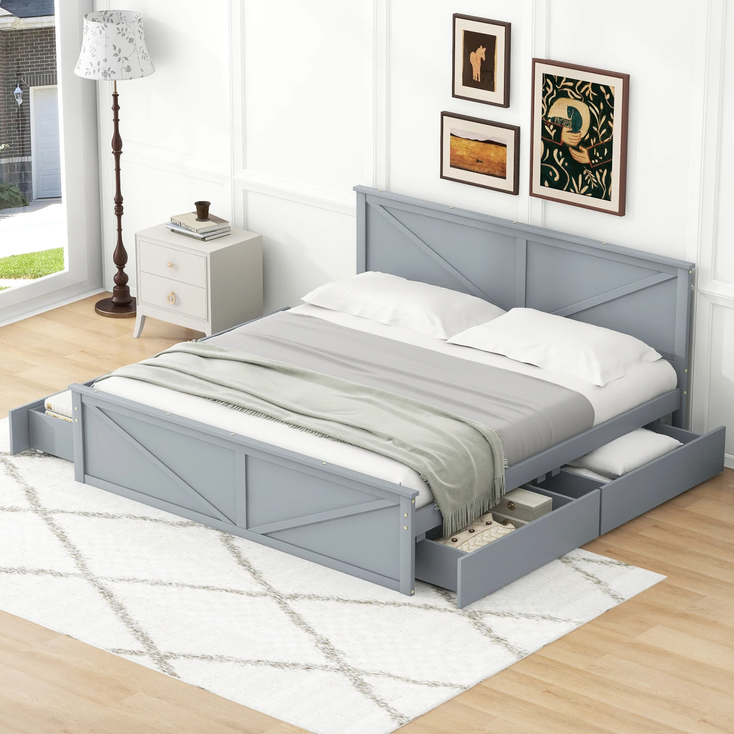 

King Size Gray Wooden Platform Bed with 4 Storage Drawers & Support Legs