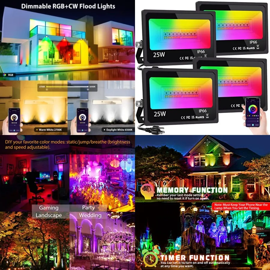 LED Flood Light Outdoor 25W, 250W Equivalent 2500LM, RGB Color Changing FloodLights by App Control, DIY Scenes - Timing - Dimma