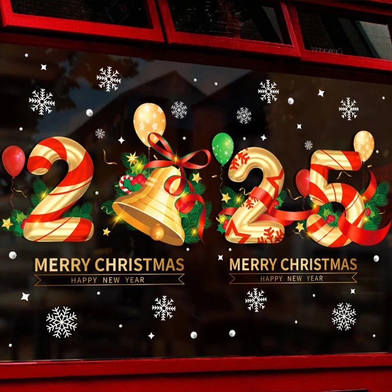 Happy New Year 2025 Window Stickers Merry Christmas Window Stickers Xmas Garland Santa Bells Wall Sticker  Christmas Decoration