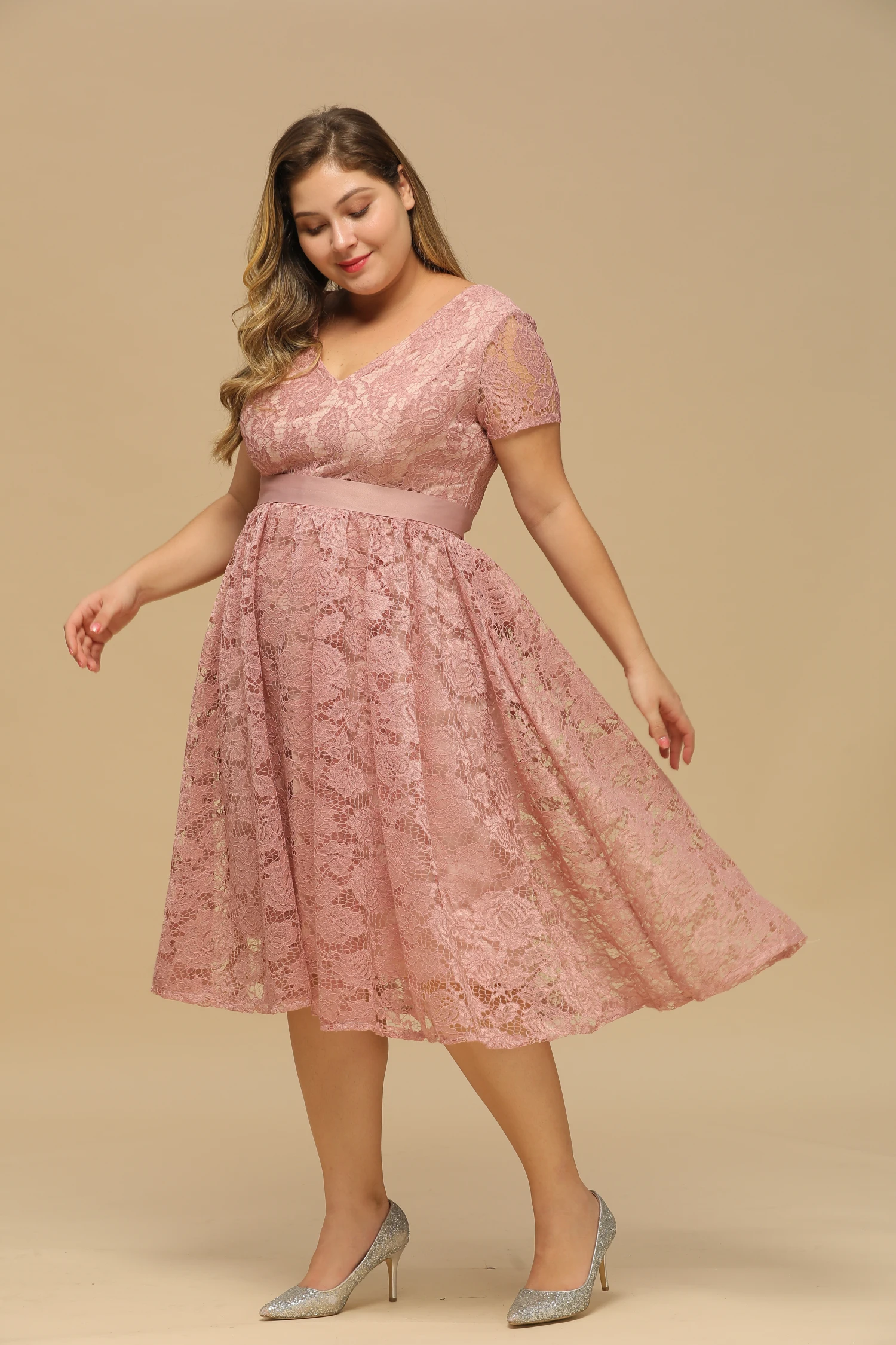 Misshow-Robe à fleurs style Boho pour femmes, grande taille 3XL, avec ceinture, manches courtes, ajourée, en dentelle, rose, pour noël et nouvel an