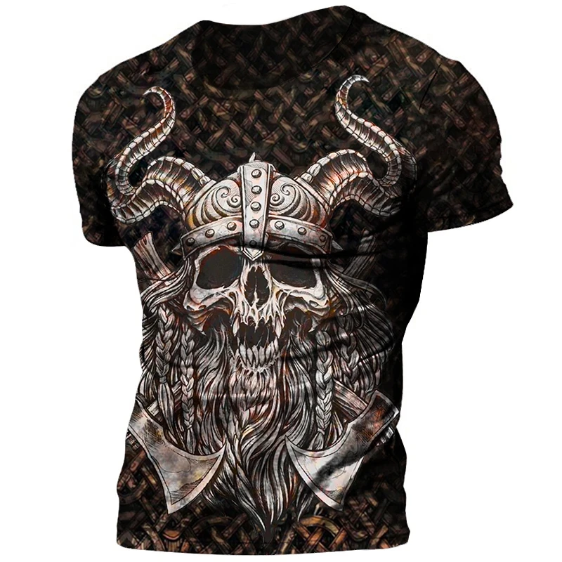 Nordic style 3D printing Viking Warrior pattern cotton T-shirt summer men\'s oversized short sleeved top T-shirt men\'s retro