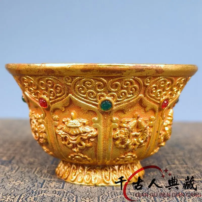 

Rare Collectible Pure Copper Gilded Diamond Eight Auspicious Water Offering Bowl for Wealth and Blessing Home Worship Feng Shui