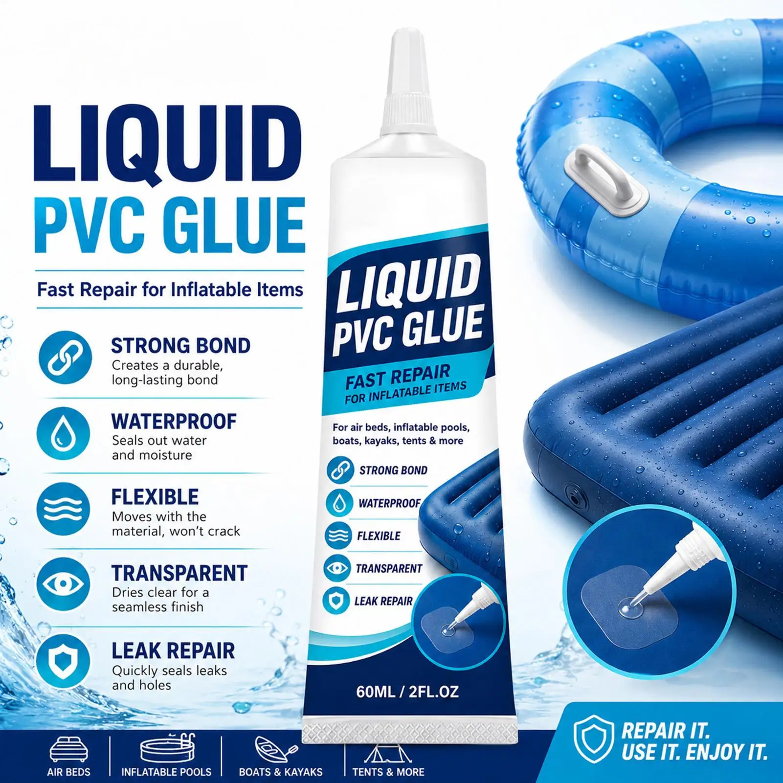 PVC Glue Waterproof 60ml Flexible Transparent Strong Adhesive PVC Boat Adhesive For Inflatable Swimming Pools Raft Kayak Tents