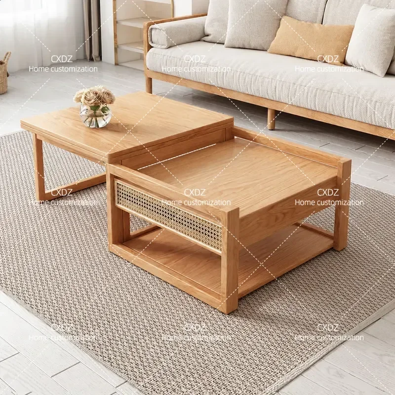 Japanese Style Simple Solid Wood Coffee Table with Lifting Mechanism Integrated Tea Table for Small Apartments Log Finish
