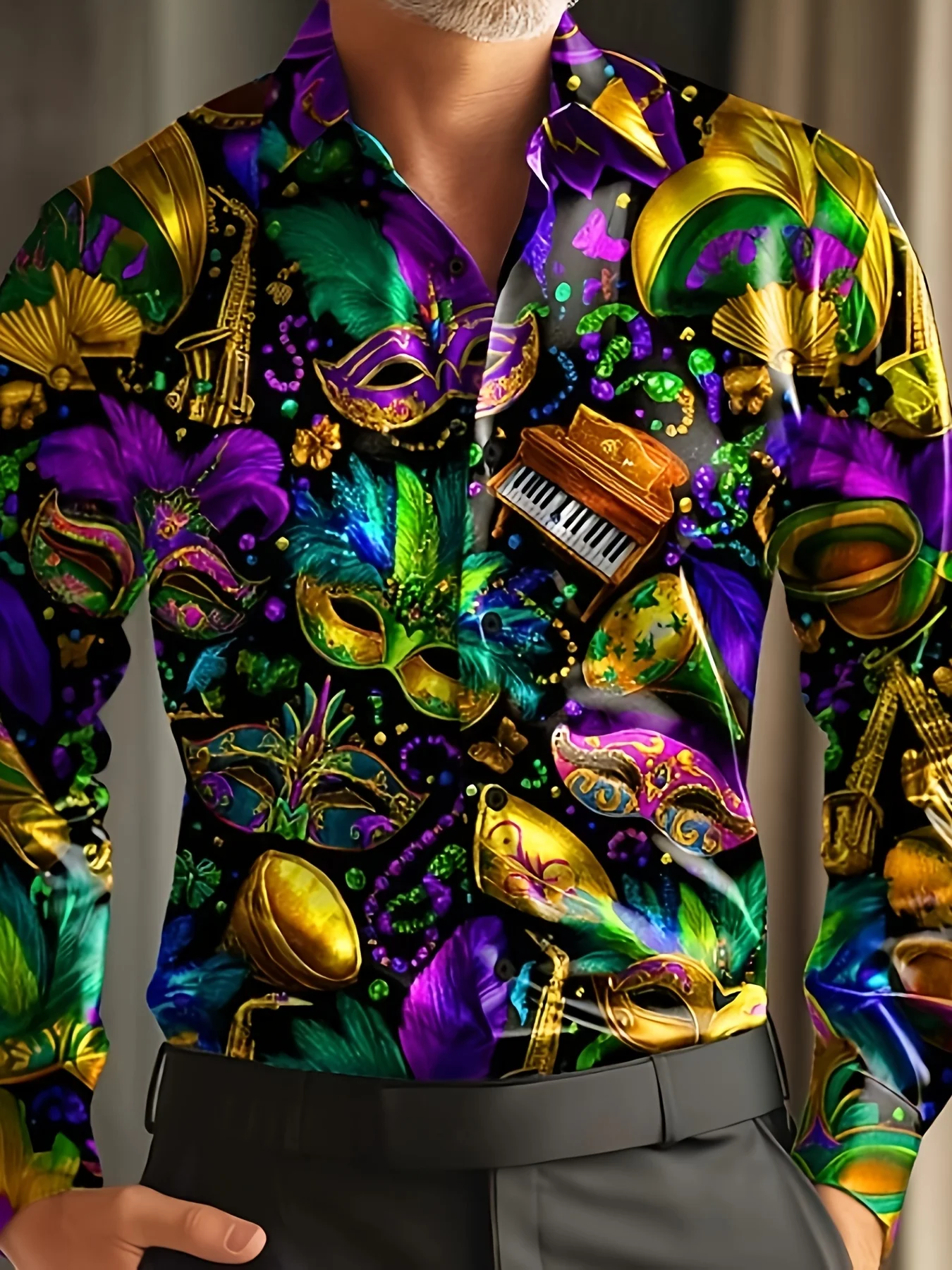 Men Long Sleeve Button Down Shirt Black Mardi Gras Mask Feather Floral Print Polyester Lapel Collar Party