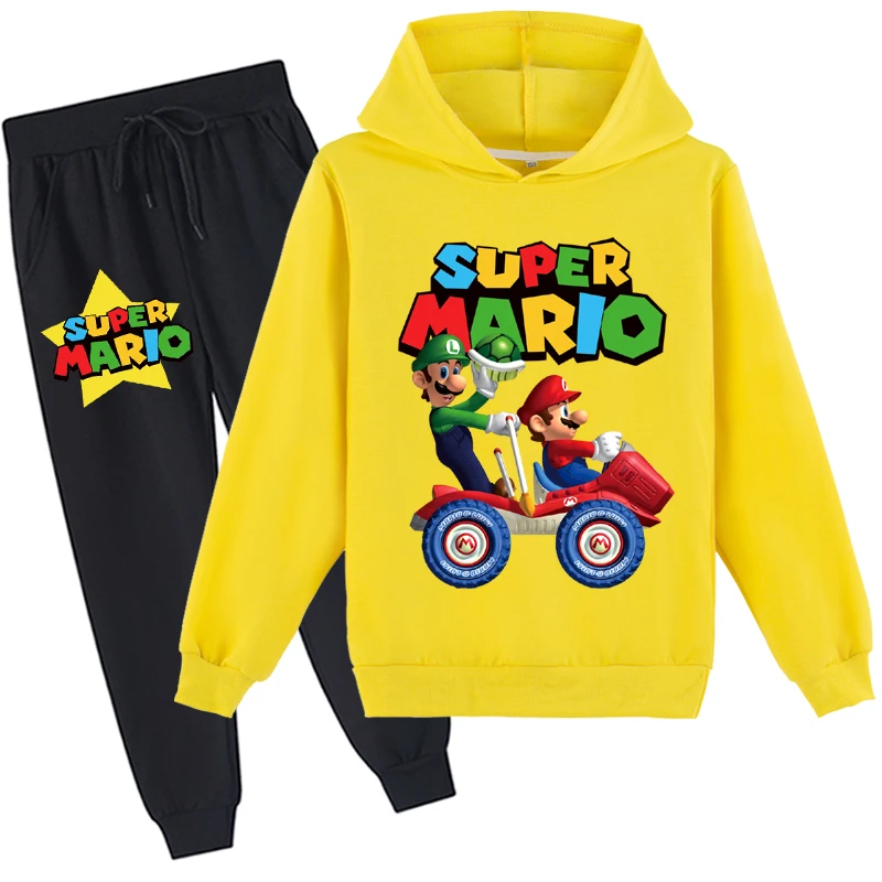 Felpe con cappuccio e pantaloni da jogging alla moda per bambini piccoli Set di tute da 2 pezzi, top novità Super Mario per 2-14 anni (5 colori)
