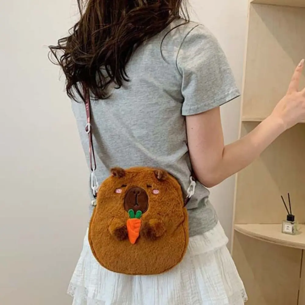 Animal dos desenhos animados capivara bolsa de ombro de pelúcia grande capacidade recheado capivara crossbody saco com zíper bonito dos desenhos animados capivara bolsa