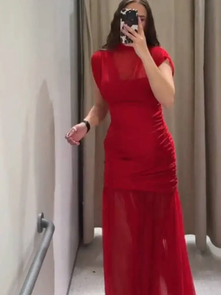 فساتين طويلة أنيقة للحفلات المسائية بطيات حمراء أنيقة بأكمام طويلة فستان ماكسي شبكي مرقع للنساء لقضاء العطلات الصيفية على الشاطئ WR8N