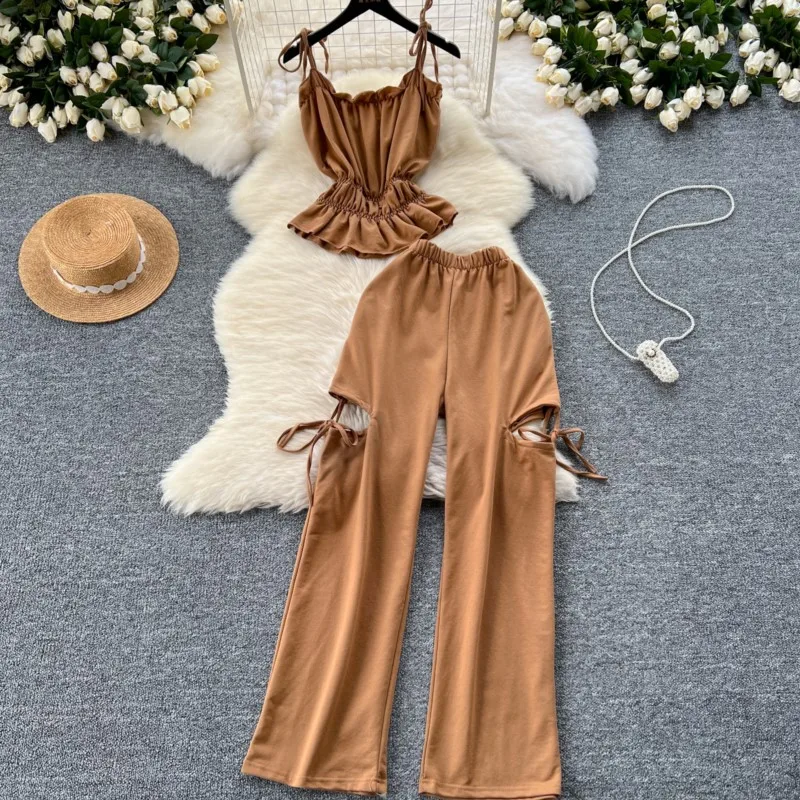 Summer Women Fashion Elegant Party Casual Pantsuit Sleeveless Vintage Tops and Pants Outfits Female Clothes Sexy Two Pieces Set