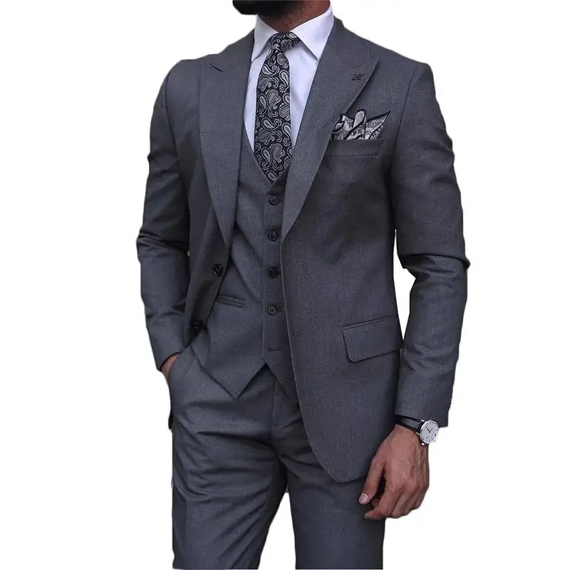 

Light Gray Men Suits 3 Pieces Business Blazer Vest Pants Single Breasted Fashion Wedding Groom Formal Work Party Causal Tailored