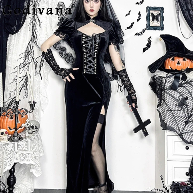 Chinese Style Black Improved Cheongsam Dress Women Ghost Bride Cosplay Dress Female Short Sleeve Hollow Sexy Dress