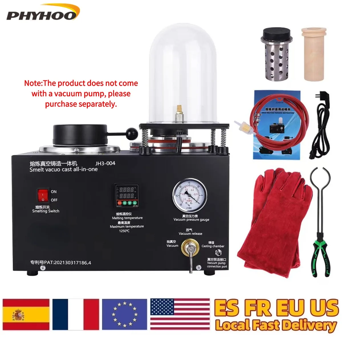 110V Vacuum Jewelry Casting Machine With 2kg Ceramic Crucible Gold Silver Metal Smelting Refining Tools 1-3kg Capacity Gold Melting Furnace for Jewelry Making Tools