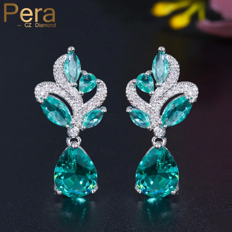 Pera Korean Style Light Blue Green Cubic Zirconia Silver Color Cute Dangle Leaf Drop Earring for Women Fashion Jewelry Gift E630