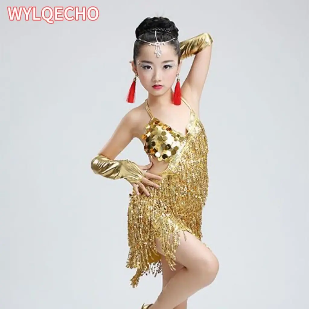 

Child Kid Children Professional Latin Dance Dress for Girls Ballroom Dancing Dresses for Kids Red Sequin Fringe Salsa Tassel