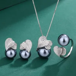 925 Sterling Silver Black/White Pearl Jewelry Sets for Women Bridal Zircon Heart Wedding Rings Earrings Pendant Necklace Set