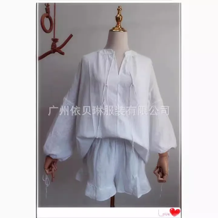 Summer Women's Suit Shorts 2 Piece Set V Neck Short Pants High Waist Solid Light Blue Capri Pants Oversized