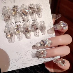 24Pcs Long False Nails Diamond Pearl Glitter Design Press on Nails Tips Art Fake Nails Forms Reusable Set Acrylic Artificial