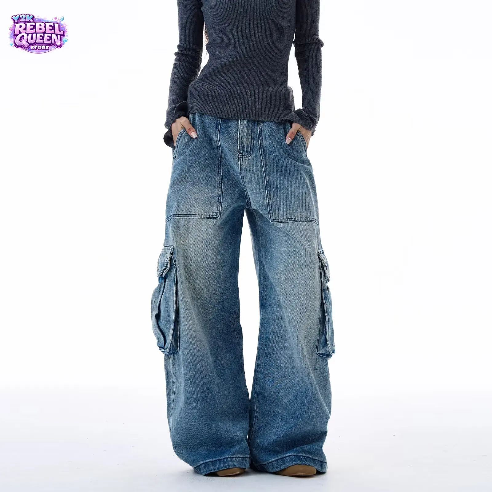 

Unisex American Streetweear Fashion Multi-pocket Washed Baggy Jeans Women Y2K Hip Hop Harajuku Casual Gothic High Waist Bottom