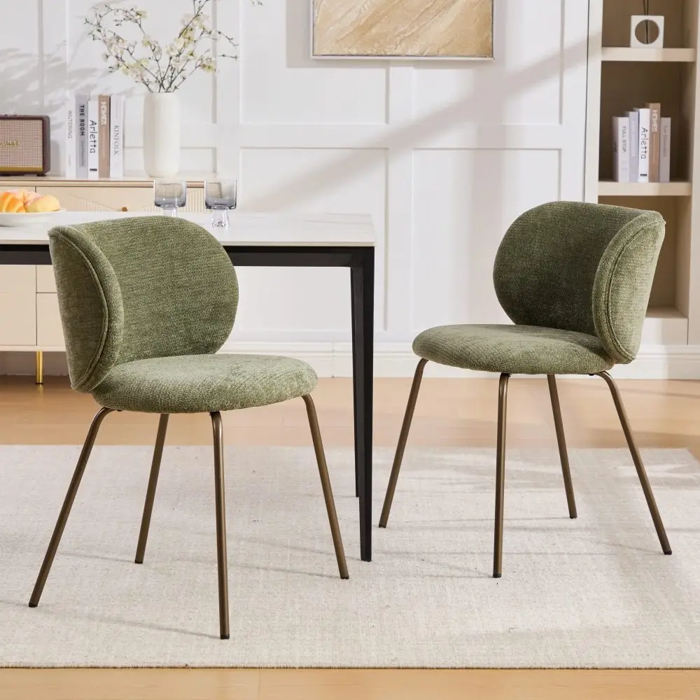 Chaises de salle à manger contemporaines en chenille, dossier incurvé confortable avec revêtement doux, pieds en métal bronze – Rehaussez votre cuisine avec confort et style modernes, lot de 2, couleur verte.