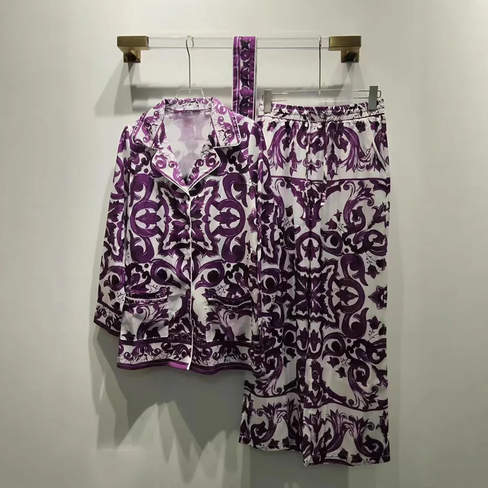 

Casual 2 Piece Sets Womens Outfits Retro Floral Printed Lapel Loose Long Sleeve Shirt Sashes Middle Waist Wide Leg Pant Suit