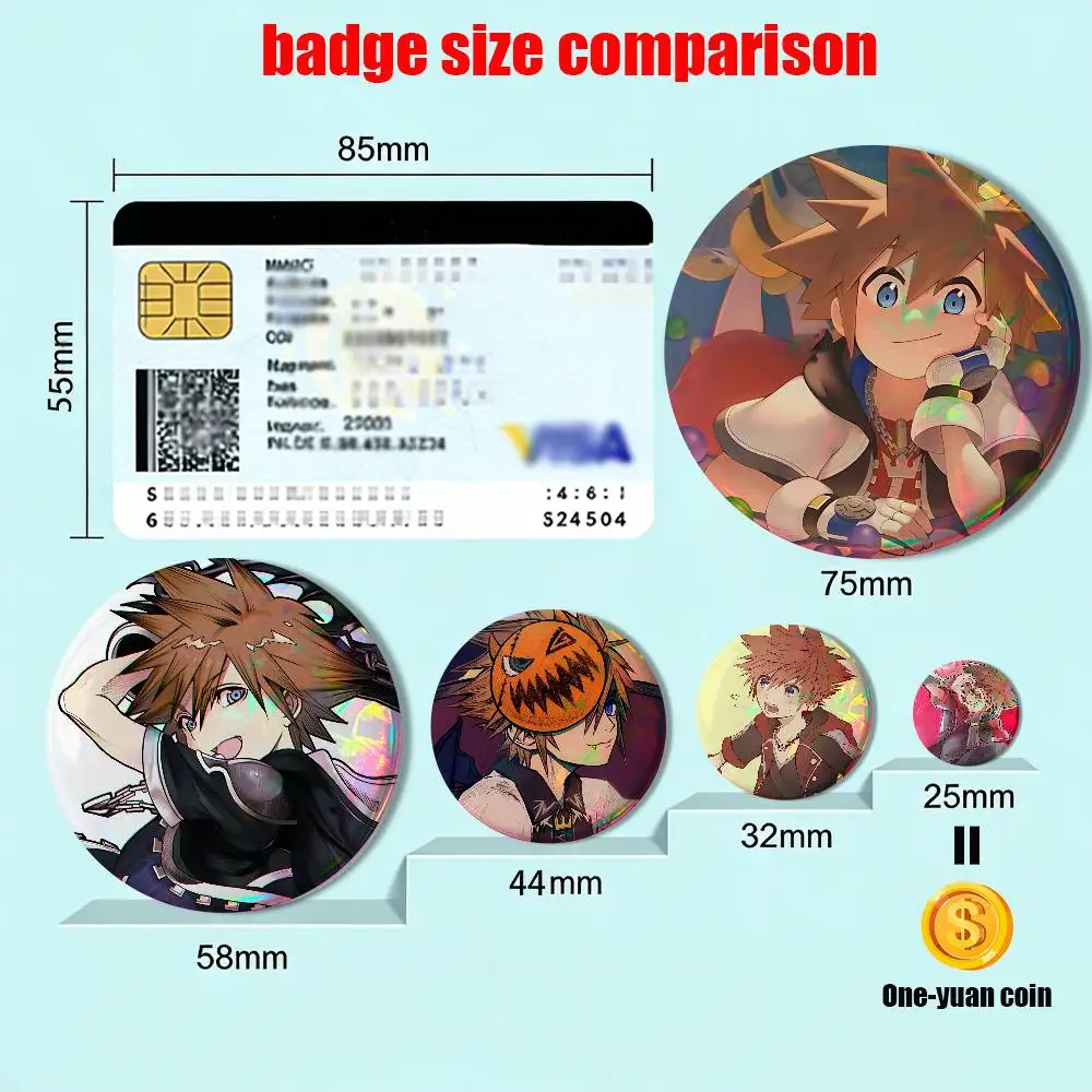 Highly Recommended Sora Kingdom Hearts Reflective Pin Tinplate Round Brooch Cartoon Cosplay Badges for Bag Hat Toys Gifts