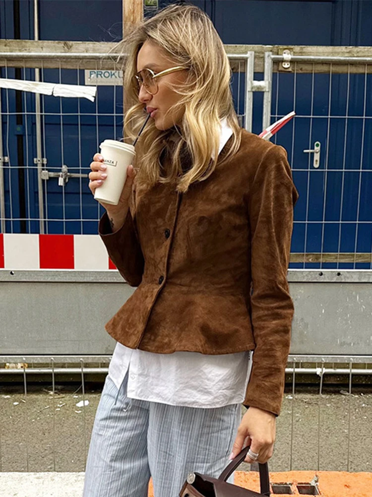 Trendix ブラウン ヴィンテージ スエード ジャケット レディース 2026 春 スリム 長袖 ショート ジャケット ストリート カジュアル ファッション カーディガン アウター