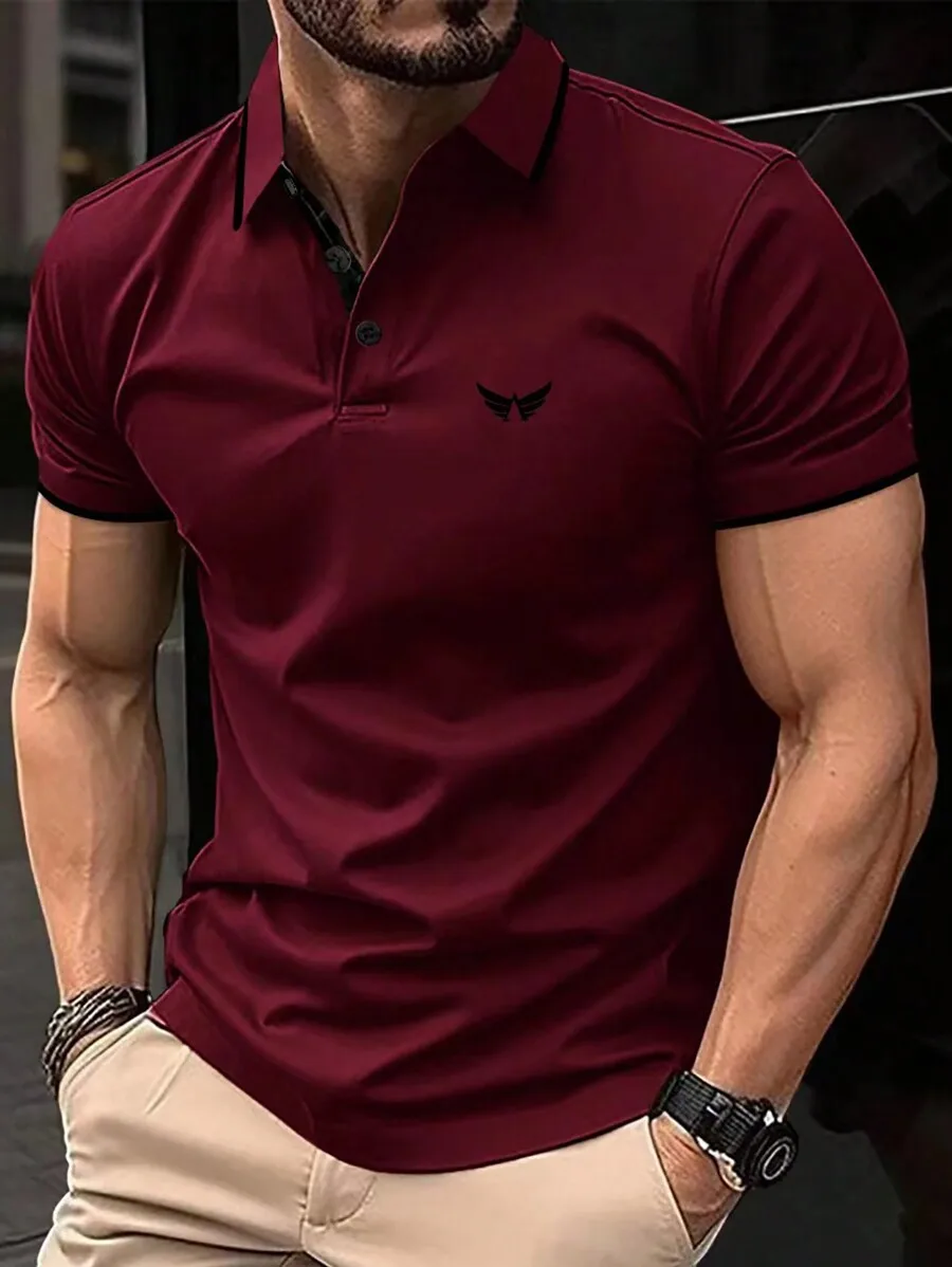 

Men's Solid Color Short Sleeve Polo Shirt with Contrast Trim and Embroidered Logo