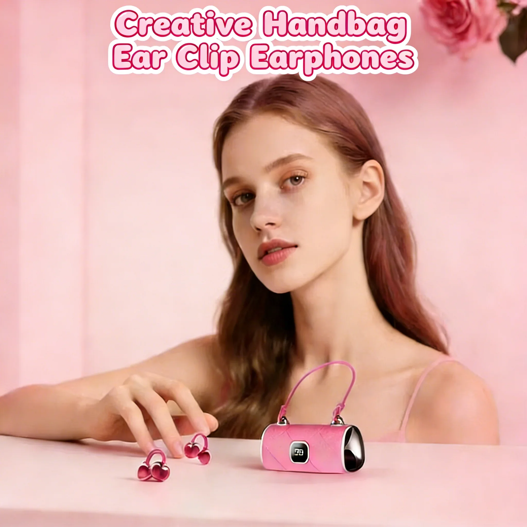 

Handbag Design Wireless Ear Clip Earphones with LED Digital Display HIFI Sound Bluetooth 5.4 Cute Girls Earbuds For Gift