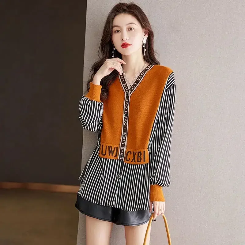 Women Spring and Autumn Fashion Trend New V-Neck Knitted Cardigan Striped Letter Button Splicing Larger Size Long Sleeves Tops