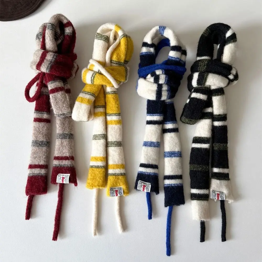 

Модный уличный шерстяной шарф в полоску, тонкий теплый вязаный шарф на шею, вязаный узкий шарф для женщин и мужчин
