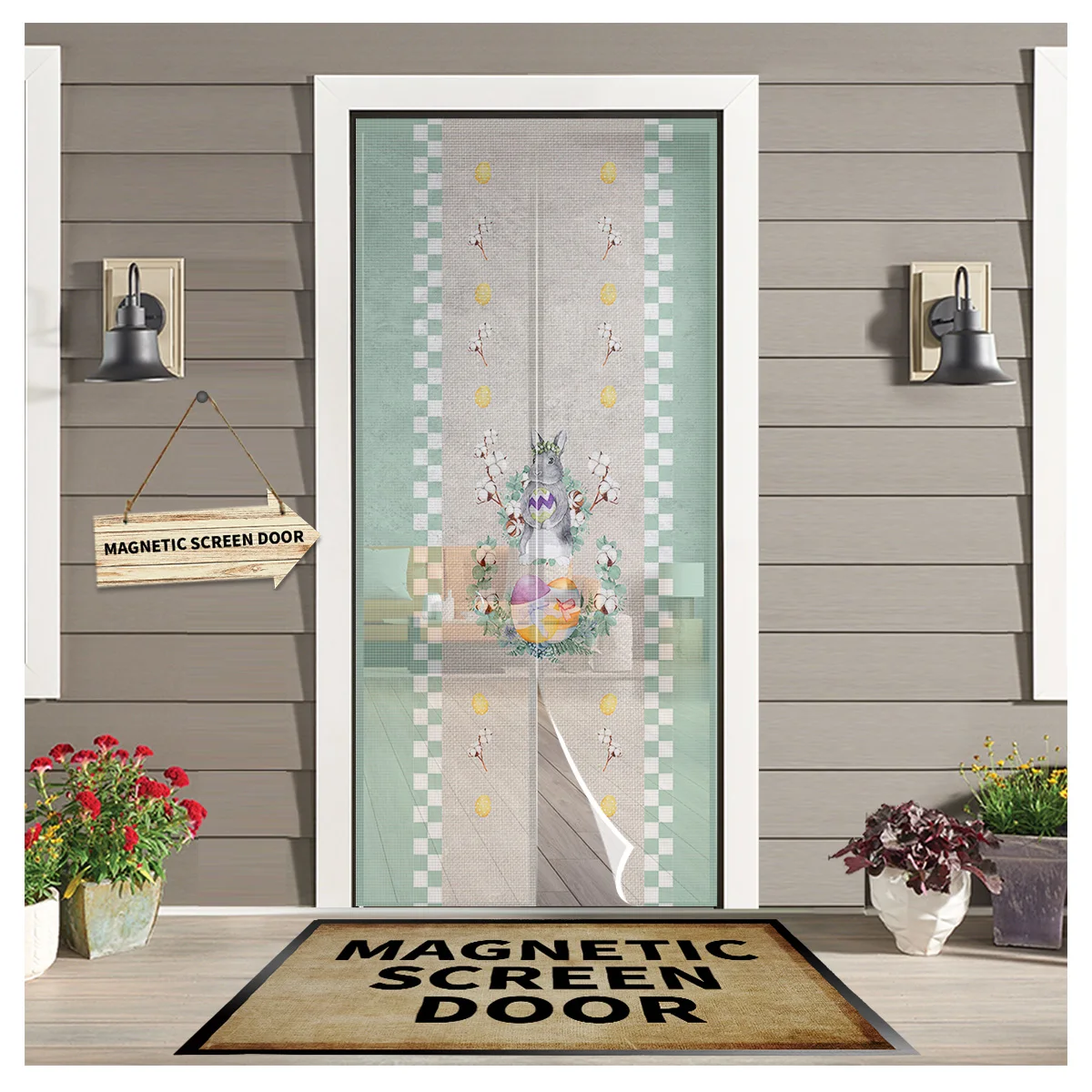 Easter Plaid Bunny Eggs Rabbit Kitchen Curtain Magnetic Mosquito Net Curtains Summer Bedroom Anti Insect Door Curtain